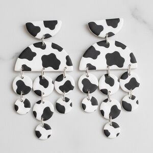 Large 5-Tier Cow Print - Handmade Earrings - Western Boho - Black & White